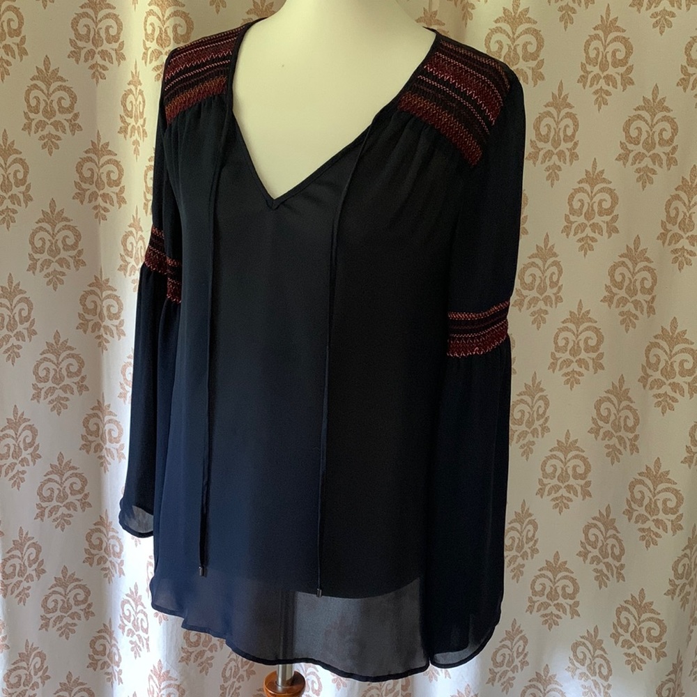 Anthropologie Love Sam 100% silk sheer navy blue embroidered boho tunic M